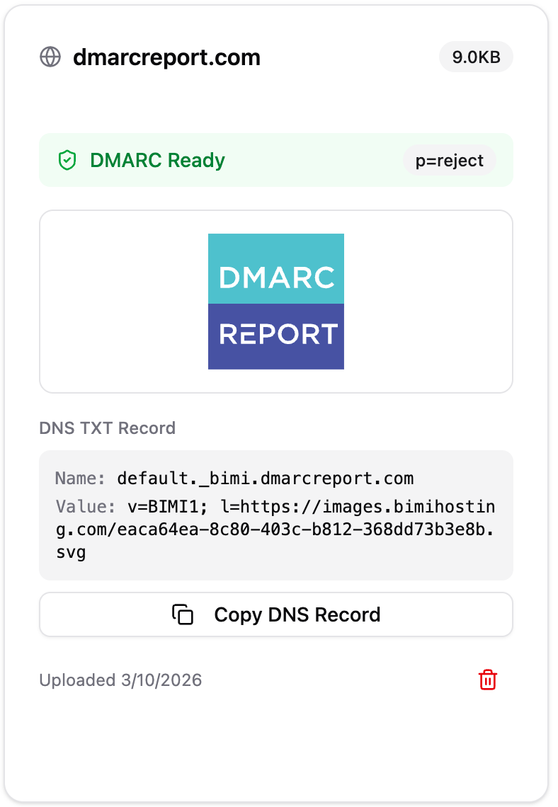 BIMIHosting dashboard showing a hosted BIMI logo for dmarcreport.com with DMARC Ready status, SVG preview, and ready-to-copy DNS TXT record